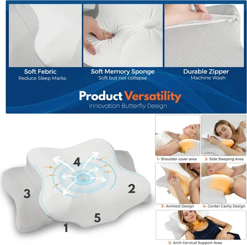 Vista 3 de Almohada cervical para dormir, almohada para dormir de lado para aliviar el dolor de cuello, almohadas de espuma viscoelástica, altura ajustable