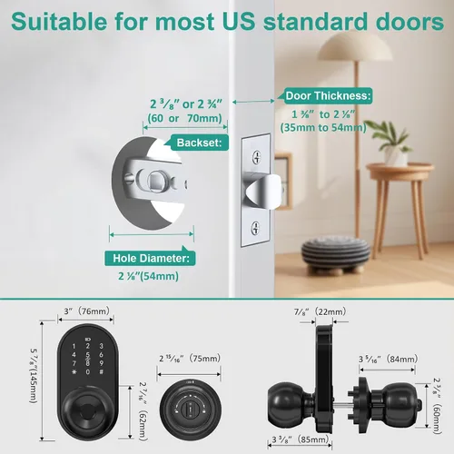 Vista 4 de Cerradura inteligente para puerta de entrada sin llave con perilla, cerradura de puerta con teclado y huella dactilar con mango, código electrónico