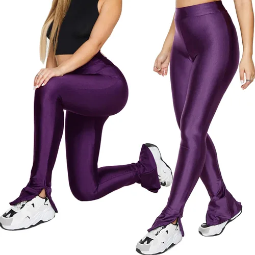 Vista 7 de Sghenr Pantalones elásticos con dobladillo dividido lateral para mujer, ajustados, brillantes, de cintura media, para club, fiesta, uso diario