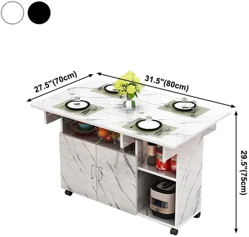 Vista 2 de Mesa de comedor plegable, mesa rectangular versátil con 4 ruedas, 5 estantes de almacenamiento, ahorro de espacio para comedor, cocina, ocio, mesa