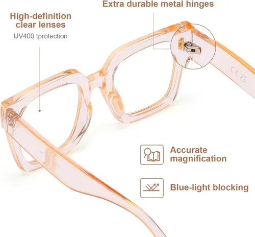 Vista 5 de AQWANO Oversized Square Reading Glasses Women, Blue Light Blocking Computer Glasses, 3-Pack Fashion Large Frame Readers