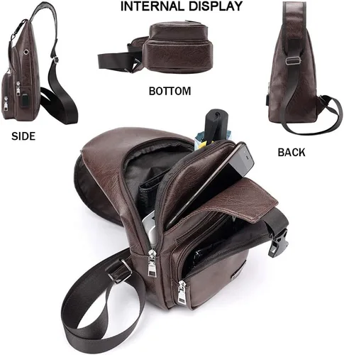 Vista 5 de JUMO CYLY Bolso bandolera de cuero para hombres y mujeres, bolso de hombro impermeable pequeño y ligero, Pequeño marrón oscuro, Viajar