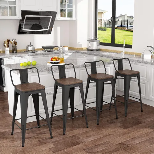 Vista 7 de Tongli Juego de 4 taburetes de bar de metal, taburetes de bar de altura de mostrador con respaldo, taburete de bar industrial para interiores, De