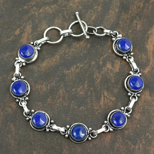 Vista 4 de Round Shape Natural & Synthetic Gemstones Silver Plated Bracelets for Women - Vintage Bohemian Style Handmade Birthstone Adjustable Link Bracelet