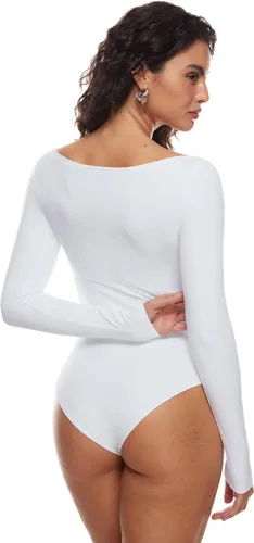 Vista 5 de Body de manga larga con cuello redondo para mujer, diseño de cozzifree, elástico, básico