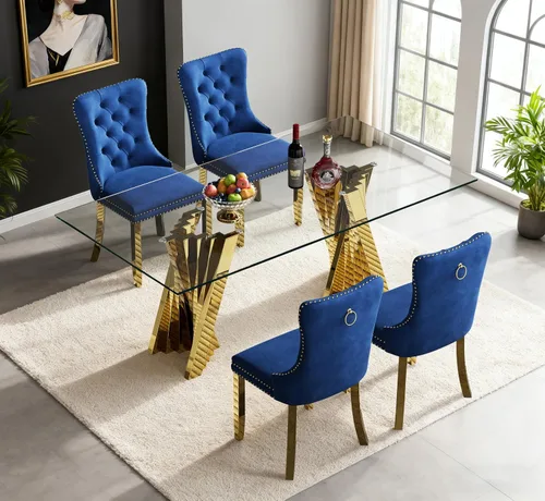 Vista 39 de Juego de mesa de comedor de cristal dorado de 5 piezas, 70 pulgadas, rectangular, moderna, para cocina y comedor, juego para 4, mesa de comedor