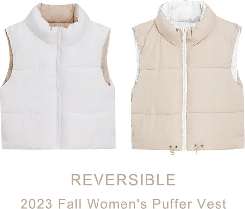 Vista 3 de Chaleco corto de invierno para mujer, ligero, reversible, cálido, chaleco acolchado, chaleco acolchado