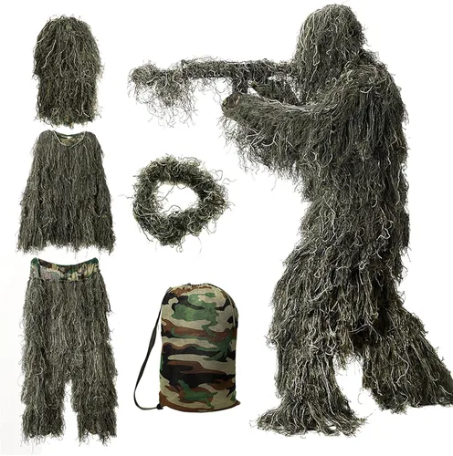 Vista 11 de DoCred Traje Ghillie 5 en 1, ropa de caza de camuflaje 3D con chaqueta, pantalones, capucha, bolsa de transporte para adultos/jóvenes, S/M/L/XL/XXL