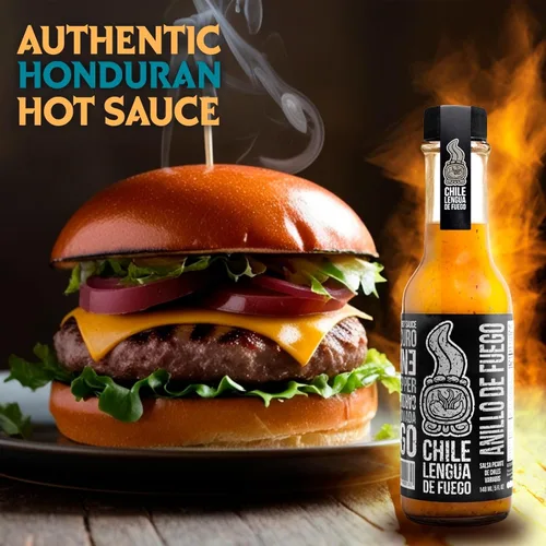 Vista 3 de Hot Sauce Chile Lengua de Fuego (paquete de 1, anillo de fuego) - Salsa ultra caliente de Carolina Reaper con miel, ron, eneldo y ajo
