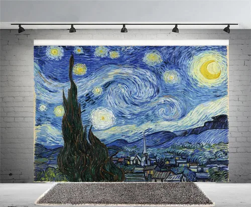 Vista 2 de Van Gogh Noche estrellada de 5 x 3 pies, fondo de fotografía estética de noche estrellada, pintura al óleo, arte abstracto, decoración rústica