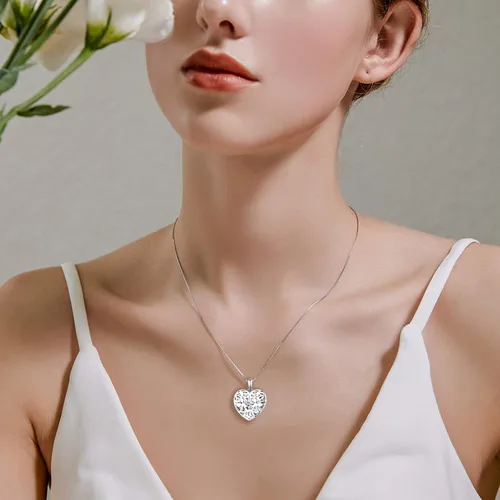 Vista 5 de FJ Collar con medallón de ángel con foto de piedra de nacimiento de plata de ley con colgante de ángel hueco, regalo para mujeres