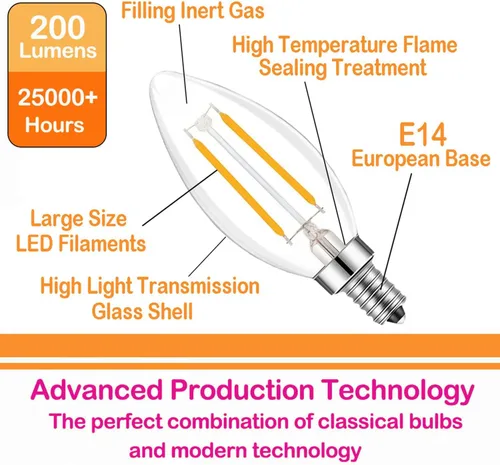 Vista 5 de Bombilla Edison de filamento LED de base europea E14, 2 W, blanco cálido, 2700 K, no regulable (paquete de 4)