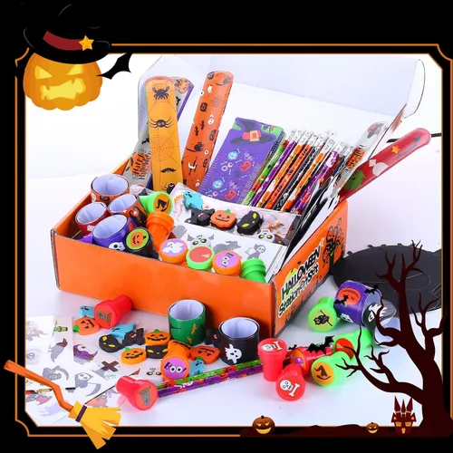Vista 5 de BicMan Paquete de 24 artículos de papelería surtidos de Halloween, regalos de fiesta para niños, bolsas de regalo, incluye lápices, reglas, sellos