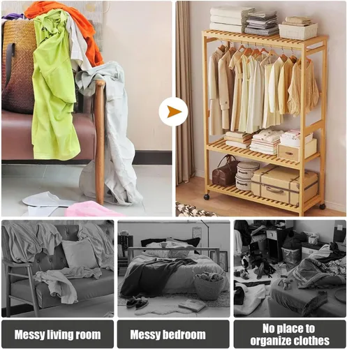 Vista 6 de 3-Tier Bamboo Clothes Rack - Stylish Garment Stand with Open Wardrobe Design & Storage Shelves for Bedroom, Living Room, Entryway - Space-Saving