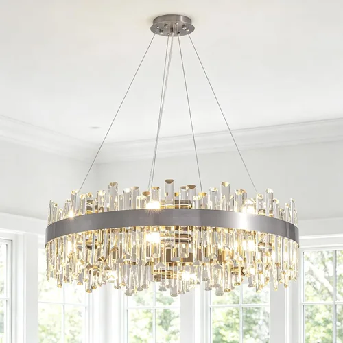 Vista 25 de Siljoy - Candelabro de cristal moderno, 12 luces, lujoso, redondo, de 2 niveles, con cristal K9 en forma de gota de lluvia, lámpara colgante de Oro