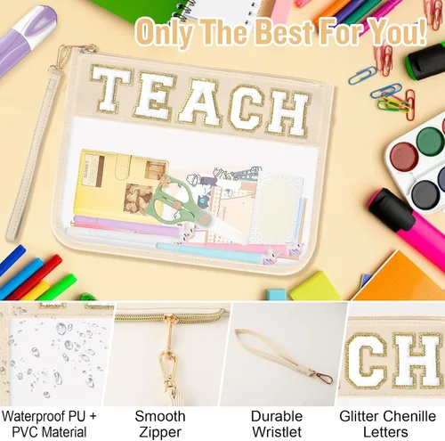 Vista 3 de Regalos de Apreciación para Profesores TEACH Bolso de Maquillaje de Chenilla con Letras, Bolso Transparente de PVC con Monograma y Cremallera