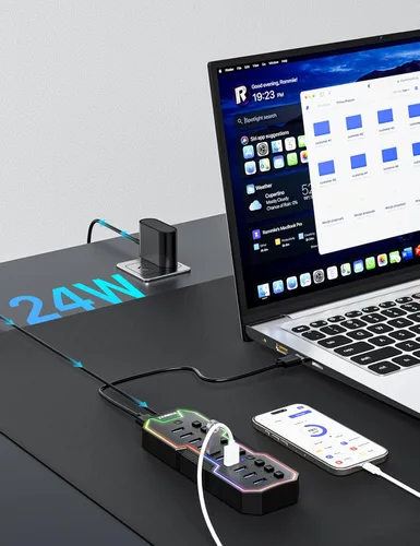 Vista 6 de Hub USB alimentado, concentrador USB 3.0 de 10 puertos con tira de LED RGB y adaptador de corriente de 12 V/2 A, extensión USB, interruptores LED