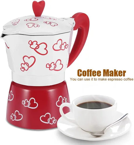 Vista 2 de HERCHR Red Heart - Olla moka de aluminio, cafetera para estufa con cafetera italiana ergonómica para camping, moka espresso (S)