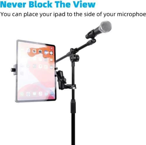 Vista 2 de Soporte de aluminio para tableta para soporte de micrófono, montaje lateral para todos los iPad, giratorio 360 con súper abrazadera compatible
