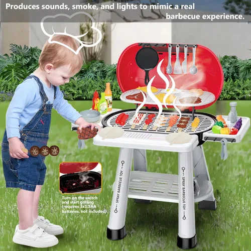 Vista 3 de Juegos de Cocina de Juguete para Niños Pequeños de 3-5 Años, Juego Interactivo de Parrilla BBQ para Interiores y Exteriores con Humo, Sonido y Luz