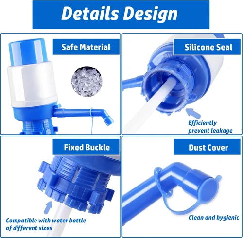Vista 5 de Bomba de agua manual portátil azul para botella de 5 galones, dispensador de jarra de agua, bomba de agua potable con un tubo extra corto y tapa