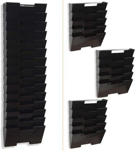 Vista 4 de Wallniture Lisbon - Soporte para archivos de pared y organizador de escritorio de 15 niveles, metal negro para organización de oficina y estante