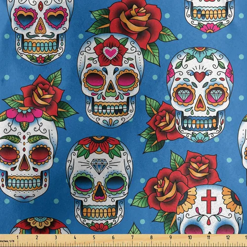 Vista 111 de Ambesonne The Yard, tela de calavera colorida con temática de Halloween, diseño de calavera y huesos cruzados, divertido estampado de dibujos