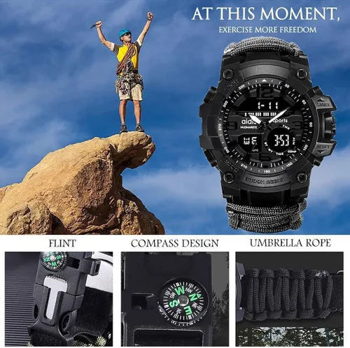 Vista 7 de wejie Regalos para hombres, papá y marido, reloj de supervivencia al aire libre 6 en 1, paracaídas, iniciador de fuego, silbato de supervivencia