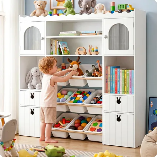 Vista 8 de Organizador de almacenamiento de juguetes para niños de 46.46 pulgadas de alto, baúl de juguetes con estante para libros, cubos de almacenamiento