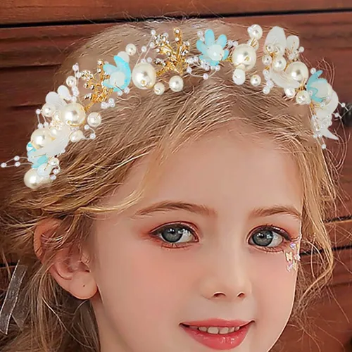 Vista 2 de Campsis Diadema para niñas con perlas y flores, diadema de boda de cristal azul, accesorios para el cabello para niñas