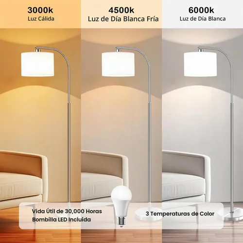Vista 2 de Lámpara de pie para sala de estar, lámparas de pie modernas con bombilla LED de 9 W, luz de pie alta plateada de 65 pulgadas con pantalla de tela