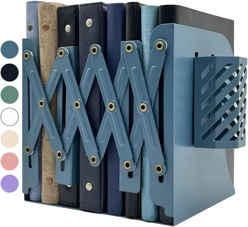 Vista 11 de Sujetalibros Kingsmile, sujetalibros ajustables para estantes, sujetalibros de metal para libros pesados, organizador de topes de libros con porta