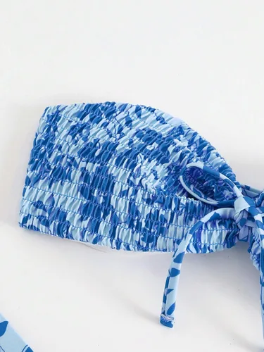 Vista 3 de MakeMeChic Traje de baño bandeau de 2 piezas para mujer, estampado floral, sin tirantes, nudo frontal, corte alto, conjunto de bikini