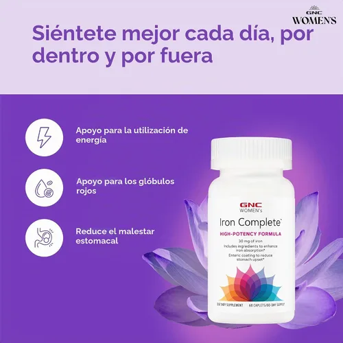 Vista 3 de GNC Multivitamínico completo de hierro para mujer, mejora la capacidad de absorber hierro, 60 cápsulas Proporciona 30 miligramos de hierro