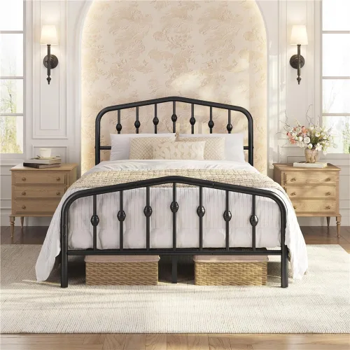 Vista 15 de Yaheetech - Base de cama metálica de tamaño individual con plataforma de cama de metal con cabecero y estribo de estilo victoriano/Fácil montaje/Sin