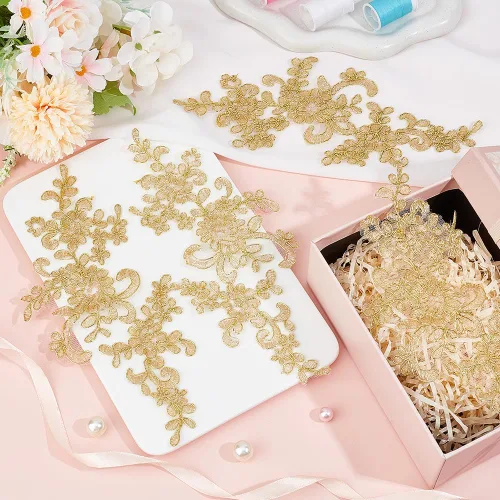 Vista 5 de 4 parches bordados para vestido de novia con flores de encaje de 9 x 4 pulgadas, parches de flores de hojas doradas, apliques florales, vestido