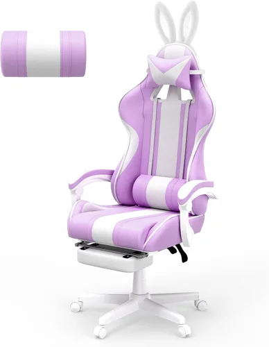 Vista 11 de Ferghana Kawaii - Silla de juegos azul claro con orejas de conejo, ergonómica y bonita silla para jugadores con reposapiés y masaje, silla