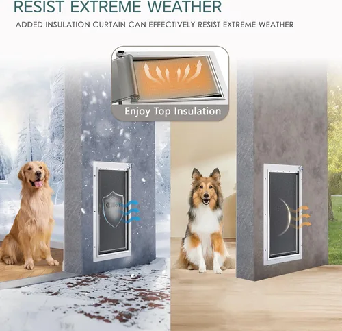Vista 4 de Puerta para mascotas de 3 solapas para pared, puerta de perro para exterior, puerta grande para perros, marco de metal, panel de cierre de metal