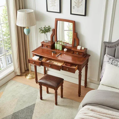 Vista 3 de 39.4in Vintage Vanity Desk with Adjustable Angle Mirror, Wooden Dressing Table Set for Bedroom with 5 Drawers, Cushioned Stool