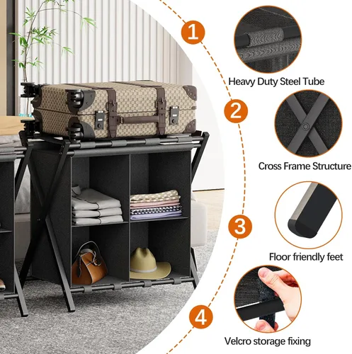 Vista 3 de Huhote Portaequipajes para habitación de invitados, soporte plegable para maleta con estante de almacenamiento de tela, soporte para equipaje