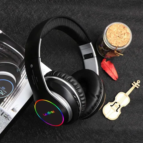 Vista 6 de Auriculares Bluetooth, inalámbricos/con cable, estéreo de bajos de alta fidelidad, micrófono integrado, luz LED, plegable, micro SD/TF, FM