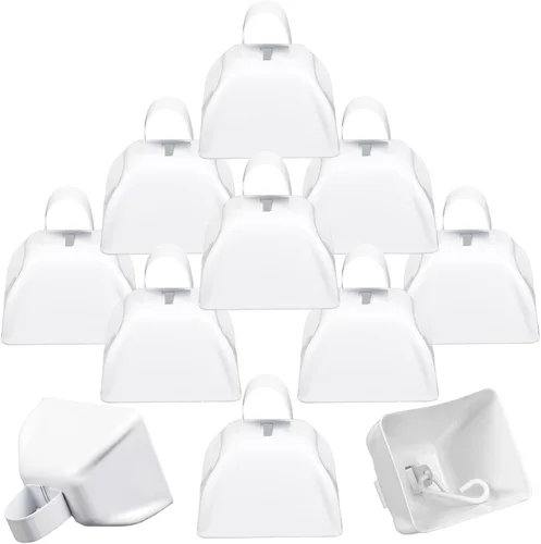 Vista 11 de Therwen Paquete de 12 campanas de metal para hacer ruido de vaca, con asa de 3 pulgadas, campanas de percusión de mano a granel para eventos Azul