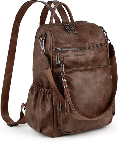 Vista 8 de UTO Mochila de cuero vegano para mujer, diseño de moda, convertible con borla, para viajes, con borla