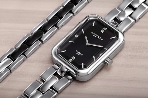 Vista 5 de Akribos XXIV - Reloj rectangular de diamantes para mujer con pulsera de joyería a juego AK995