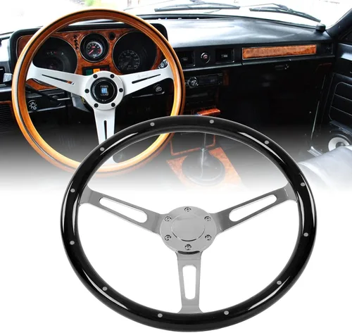 Vista 2 de Volante clásico, volante universal de grano de madera de 14.961 in/15 pulgadas, agarre de nogal con 3 radios remachados 6 agujeros, modificación
