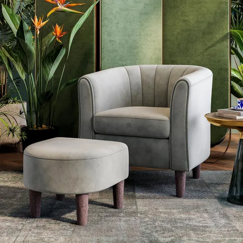 Vista 8 de LINSY Silla decorativa con otomana, moderna silla de barril pequeña, silla de lectura con reposapiés, cómoda silla con brazos redondos para sala