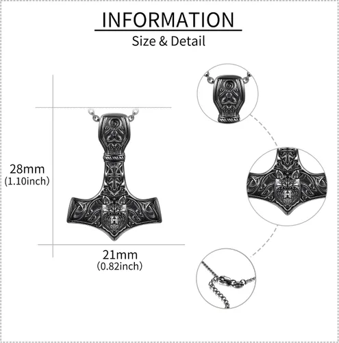 Vista 3 de URONE Thors - Collar de martillo de plata esterlina, colgante de lobo vikingo Mjolnir, joyería nórdica pagana, regalos para mujeres y hombres, Plata