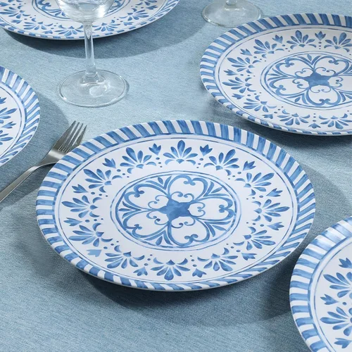 Vista 4 de Juego de platos de melamina Yinshine, juego de platos de cena de 10.75 pulgadas, juego de 6 platos azules con diseño en relieve, irrompibles, uso