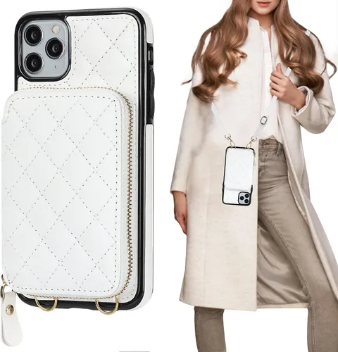 Vista 14 de Bocasal Funda tipo cartera cruzada para iPhone 11 Pro Max, con bloqueo RFID, de piel sintética, con cremallera, funda tipo cartera con función atril