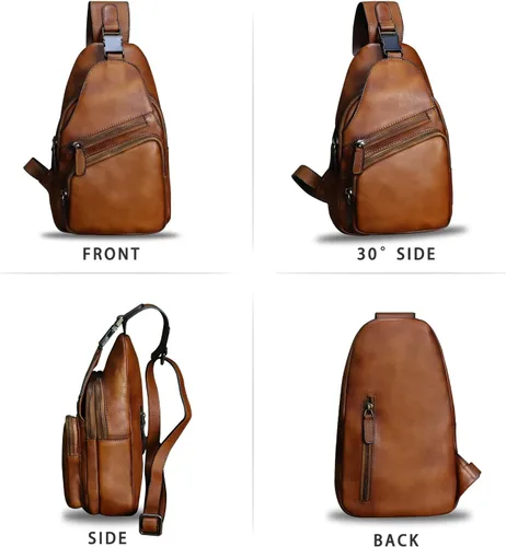 Vista 4 de Bolso de cuero genuino para hombres y mujeres, estilo vintage, de cuero auténtico, bandolera de hombro, bolso cruzado en el pecho, Marrón, Mediana